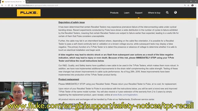 Fluke T110 T130 T150 Product Recall