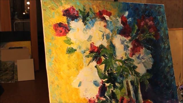 Натюрморт с розами и фруктами, экспрессивная живопись маслом. смотреть онлайн