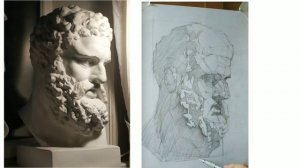 Рисуем  гипсовую голову Геракла карандашом.