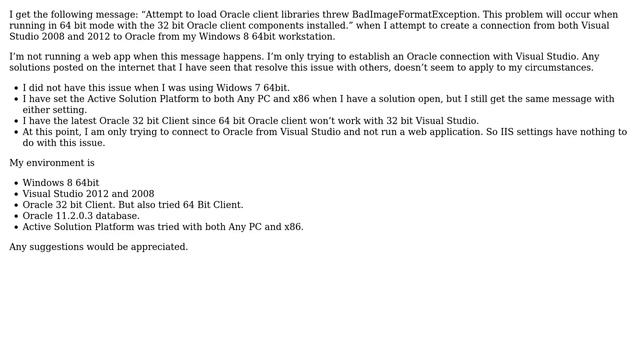 Getting "BadImageFormatException" when attempting to connect through Visual Studio to Oracle смотреть онлайн