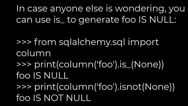 Python :sqlalchemy IS NOT NULL select(5solution) смотреть онлайн