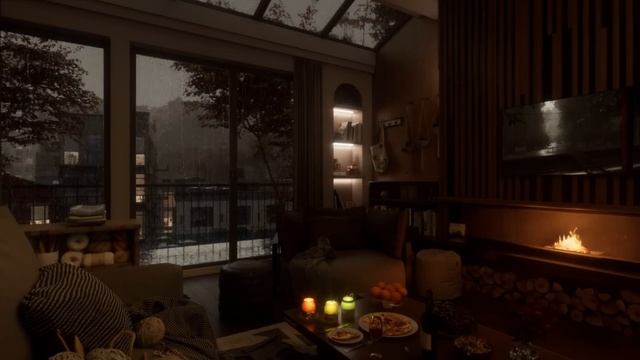 Living Room On A Rainy Autumn Day: Raindrops On The Window And The Soothing Crackling Of A Fireplac
