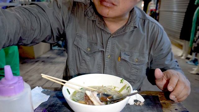 Morning Food Market Scenes, Eating Delicious Noodle Soup, Cambodian Food Market