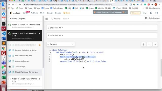 LeetCode 1461. Check If a String Contains All Binary Codes of Size K (Python) смотреть онлайн