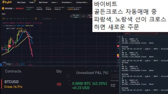 실시간 BYBIT 바이비트 비트코인 1분봉 골든크로스 파이썬 API 자동매매 (돈복사) Golden Cross Python Automated Trading смотреть онлайн