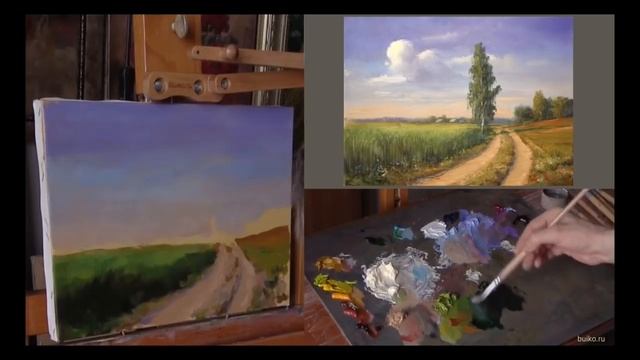 Простой пейзаж с сельской дорогой. Живопись маслом. Etude oil painting смотреть онлайн