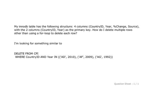 MySQL : How to delete multiple rows with 2 columns as composite primary key in MySQL? смотреть онлайн