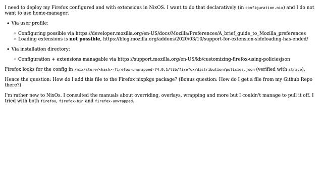 Unix & Linux: How to use Firefox Policies in NixOs / How to add config files to a Nix package? смотреть онлайн