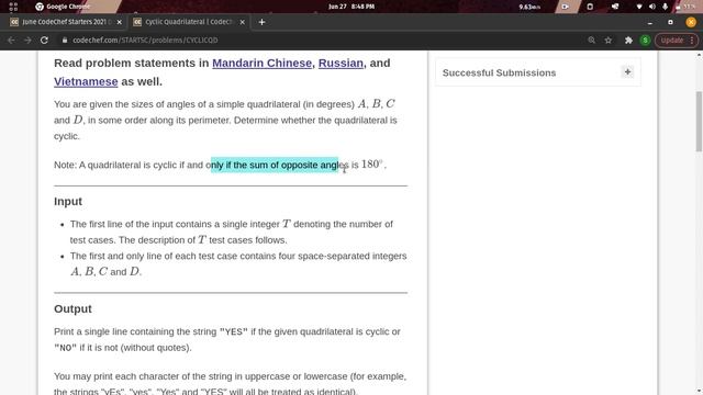 Cyclic Quadrilateral | Codechef solution | June CodeChef Starters 2021 | C++ смотреть онлайн