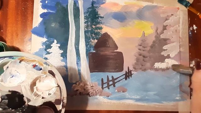 Мастер класс, рисуем зиму красками гуашь. Поэтапно рисуем зимний пейзаж, деревенский домик. смотреть онлайн