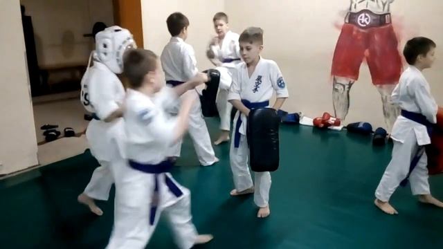 Отработка удара "лоу кик". Секция карате, дети , подростки. Единоборства. смотреть онлайн