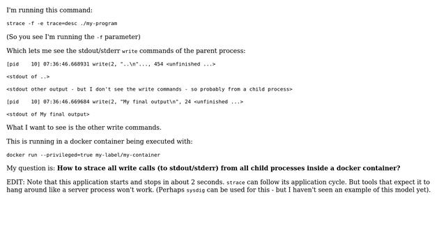 How to strace all write calls (to stdout/stderr) from all child processes inside a docker... смотреть онлайн