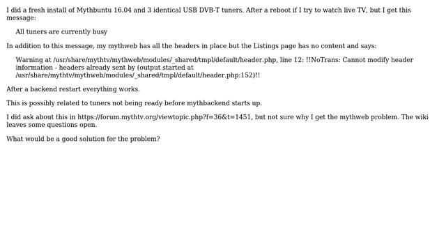 Ubuntu: "All tuners are currently busy" after boot - restarting mythbackend helps смотреть онлайн