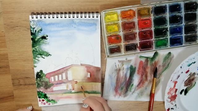 Акварельный городской пейзаж акварелью в скетчбуке. смотреть онлайн
