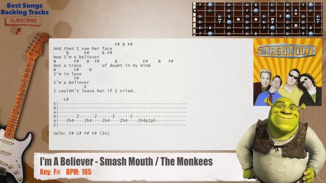 🎸 I'm A Believer - Smash Mouth / The Monkees Guitar Backing Track with chords and lyrics смотреть онлайн