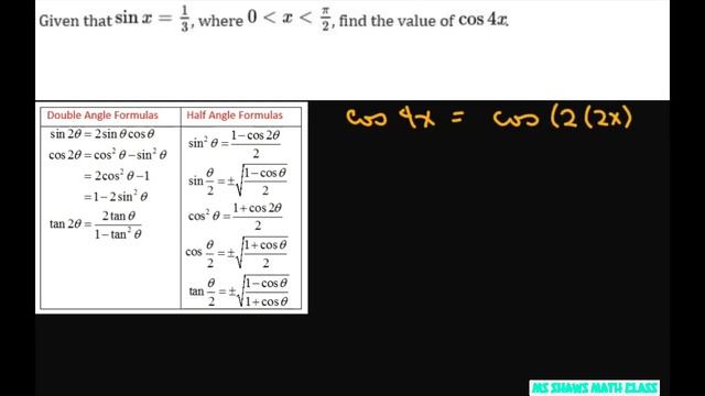 Given sin x = 1/3. Find the value of cos 4x. Math SL смотреть онлайн