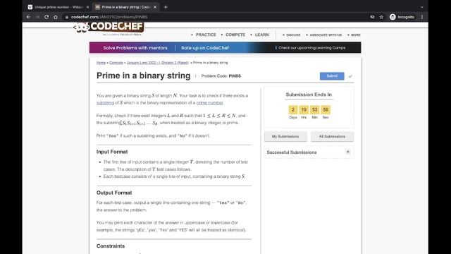 Prime in a binary string Codechef | Codechef January Long Challenge 2022 | Codechef Solution смотреть онлайн