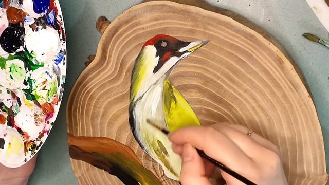 Рисунок на спиле дерева акрилом. (с объяснением). ??? Green woodpecker on the wood. Acrylic drawing смотреть онлайн