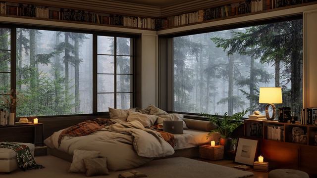 🌧️Spring Rainy Day In Cozy Forest Bedroom With Relaxing Jazz | Piano Music For Working And Studying