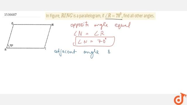 "In Figure, `R I N G` is a parallelogram, if `/_R=70^0,` find all other angles." смотреть онлайн