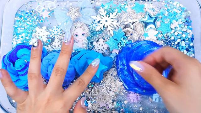 Frozen Blue Elsa Slime Mixing Random Cute,shiny Things Into Slime #ASMR #Satisfying #slimevideo #슬라