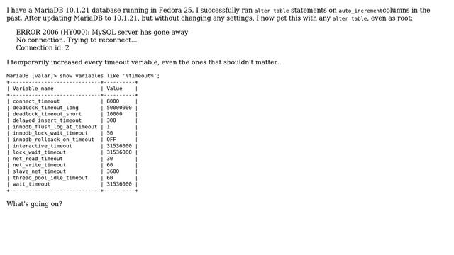 Databases: Nothing changed; always get connection timeout on alter table in MariaDB смотреть онлайн