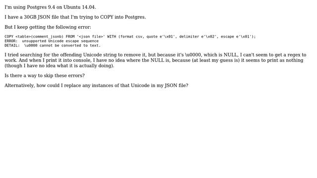 Databases: Unicode error with u0000 on COPY of large JSON file into Postgres смотреть онлайн