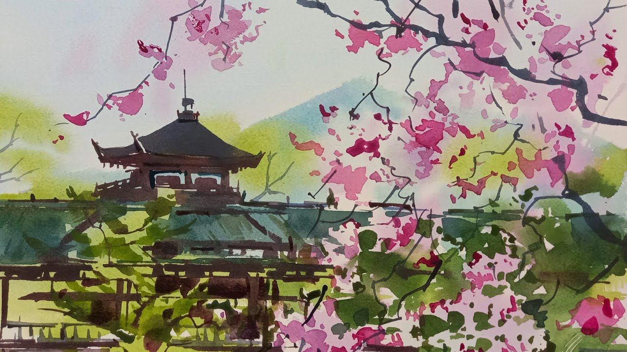 Цветущая сакура, живая акварель 桜の花 смотреть онлайн