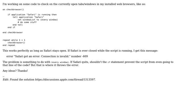 Apple: Applescript error: "Connection is invalid" when app quits смотреть онлайн