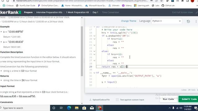 HackerRank | 1 Week Preparation Kit | Time Conversion problem in Python | Day 1 | Python solution смотреть онлайн