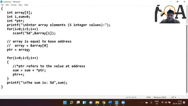 Code In C | C Program For Sum of Array Elements Using Pointers | Programming In C смотреть онлайн
