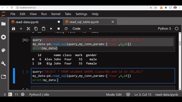 read_sql to create Pandas DataFrame by using query from MySQL database table with options. смотреть онлайн