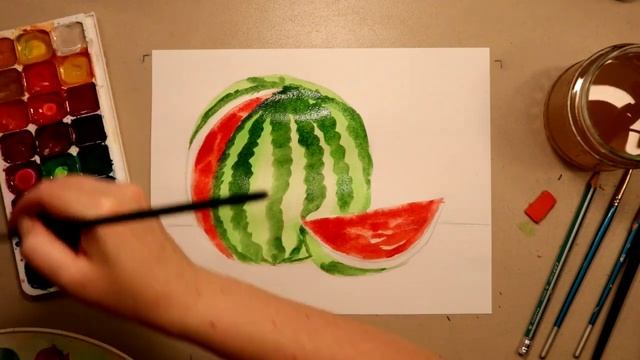 Как нарисовать ? арбуз акварельными красками ? } урок рисования смотреть онлайн