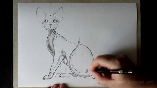 Штрихую кошку породы Сфинкс карандашом поэтапно. Часть 2. смотреть онлайн
