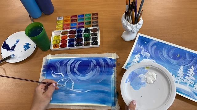 Видеоурок. Рисуем зимний пейзаж в смешанной технике. Гуашь. Акварель. смотреть онлайн