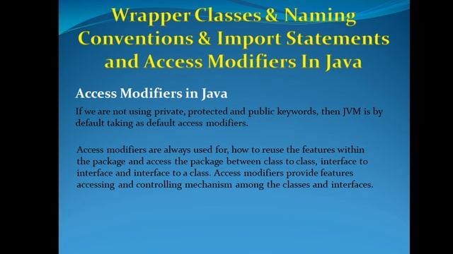 Wrapper classes and Naming conventions and Import statements and Access modifiers in java смотреть онлайн