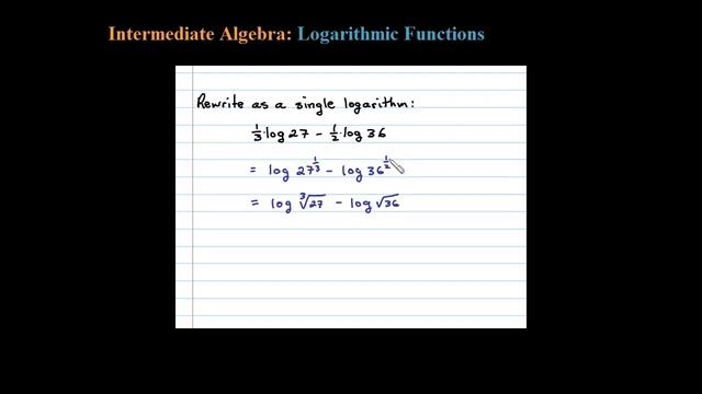 Simplify 1/3 log(27) - 1/2 log(36) a Common Logarithmic Expression (Properties of the Log) смотреть онлайн