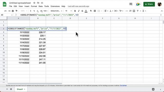 Using the GoogleFinance function in Google Sheets смотреть онлайн