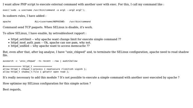 Allow apache service to execute command on another user with sudo. Set correctly SELinux смотреть онлайн