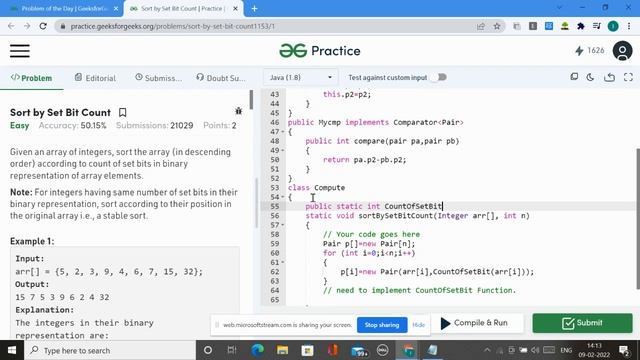 Sort By Set Bit Count GeeksForGeeks POTD 9 Feb смотреть онлайн