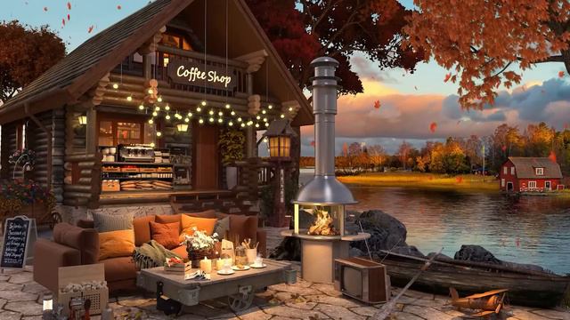 Smooth Fall Jazz Music 🍂 Relax and Peace with Scene of Coffee Shop Outdoor by Lakeside смотреть онлайн