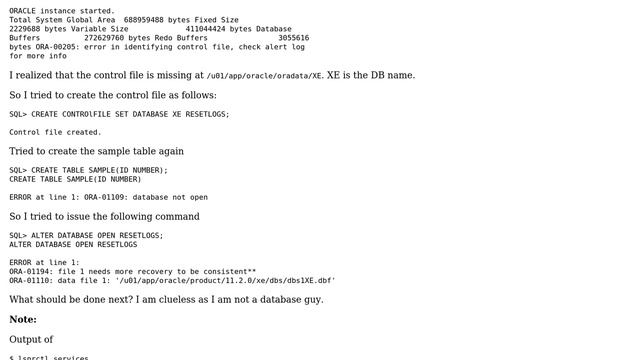 Oracle Express edition on Ubuntu - control file missing смотреть онлайн