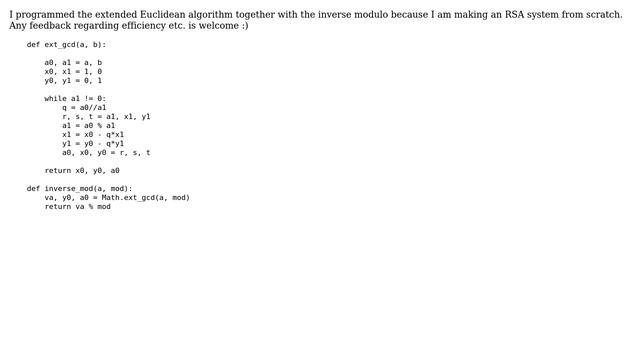 Code Review: Python extended Euclidean algortihm + inverse modulo смотреть онлайн