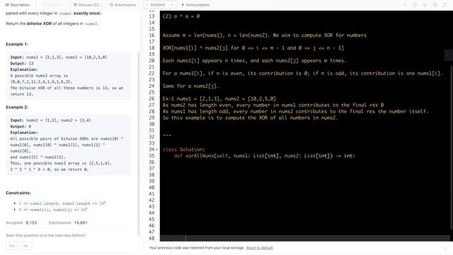 Leetcode 2425. Bitwise XOR of All Pairings - use basic XOR properties смотреть онлайн