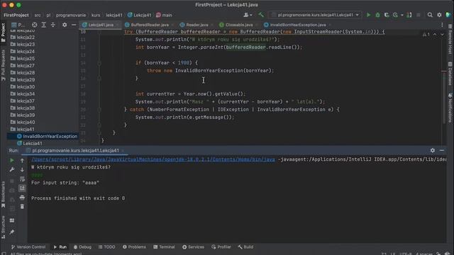 Lekcja 42 - Własne Wyjątki (Exceptions), finally, try-with-resources - Kurs programowania w Javie смотреть онлайн