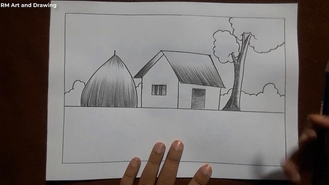 scenery drawing easy with pencil | natural scenery drawing | simple village drawing смотреть онлайн