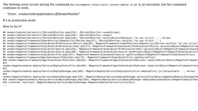 Magento: Setup:static-content:deploy "Error : vendor/tedivm/jshrink/src/JShrink/Minifier" смотреть онлайн