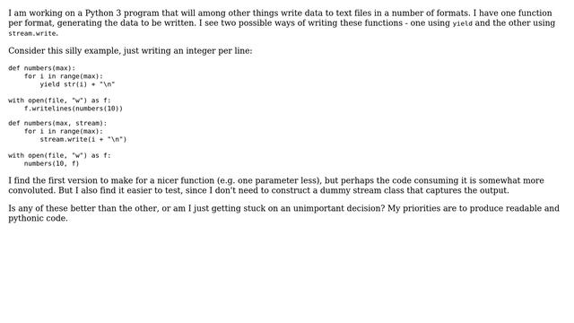 Software Engineering: Should I produce output with yield or stream.write in Python 3? смотреть онлайн