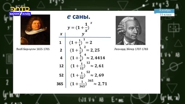 11-класс | Алгебра | е саны, у=еx функциясы, анын касиети, графиги, туундусу смотреть онлайн