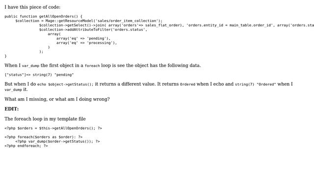 Magento: Getting status from object returns different value compared to var_dump смотреть онлайн